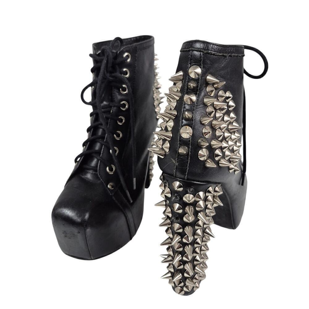 Spike Black Leather Silver Metal Spike Stud Platform Laceup Shoe Boots Sz 6.5 - Picture 13 of 16